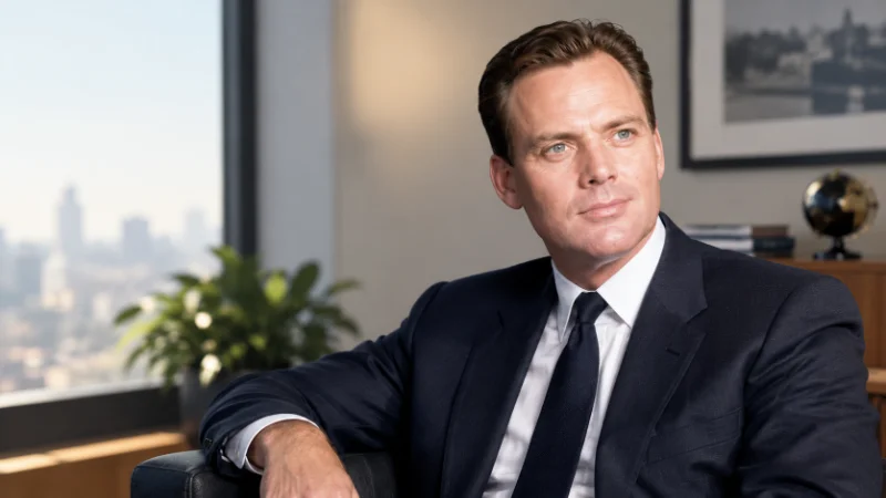 Professional portrait of a businessman in a dark suit sitting in a modern office with a city view in the background