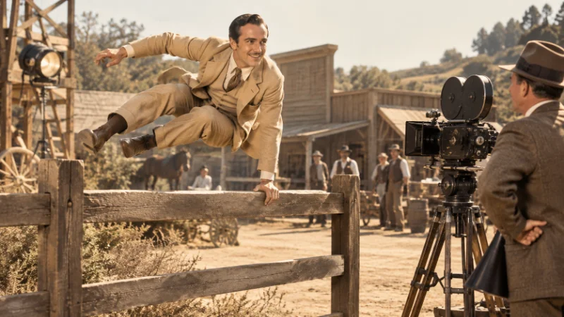 Douglas Fairbanks performing a stunt during an early Hollywood comedy film