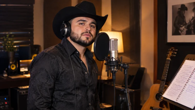 Gerardo Ortiz recording an early song in a home studio