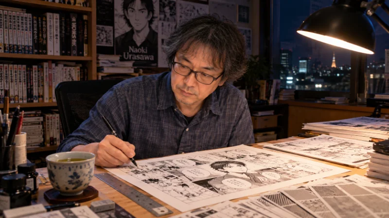 Manga pages from a Naoki Urasawa series being inked