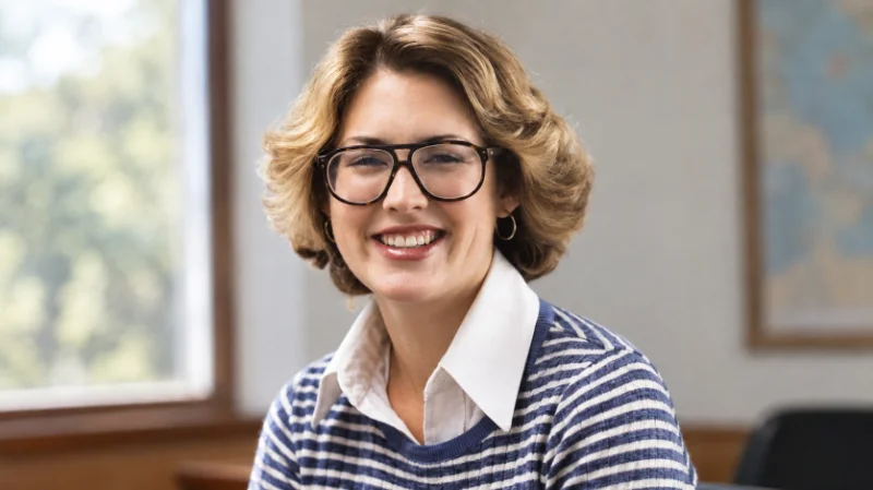 Megan Marshack as a young radio reporter at a press conference