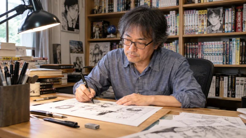 Naoki Urasawa drawing manga at his desk