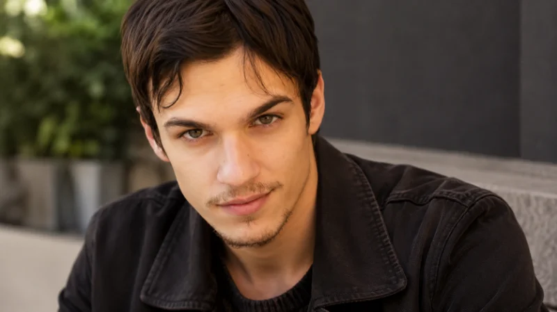Young man with dark hair and light facial hair wearing a black jacket, posing outdoors against a modern blurred background.