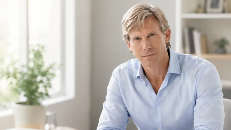 Middle-aged man in a light blue shirt sitting in a bright modern office with a professional and confident expression