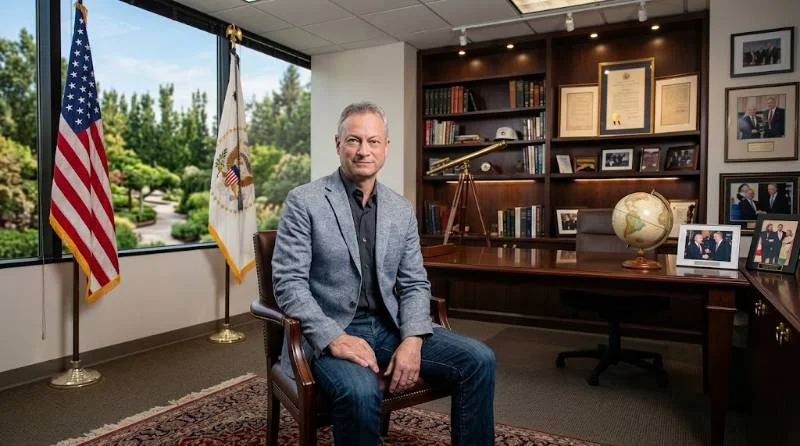 Gary Sinise greeting a veteran at a specially adapted home built through his foundation