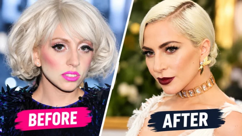 Lady Gaga getting makeup applied backstage, which can change how her nose looks in photos
