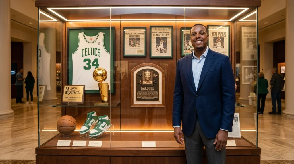 Paul Pierce at a basketball Hall of Fame display honoring his career