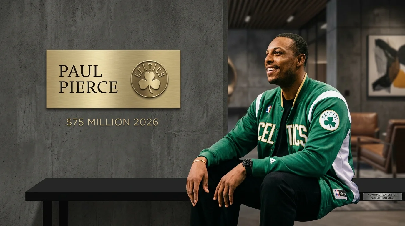 Paul Pierce courtside at an NBA game in a Celtics-style warm-up jacket