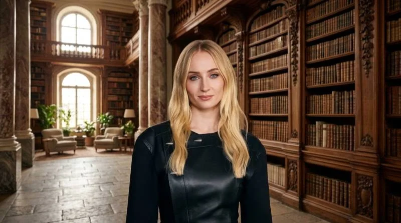 Sophie Turner standing against a height chart in sneakers